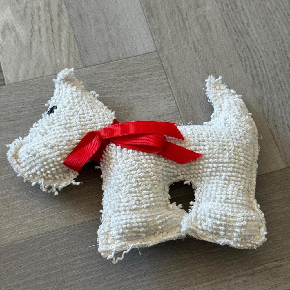 White Boucle Scottie Dog Plush Stuffed Animal with Red Ribbon Bow Accent